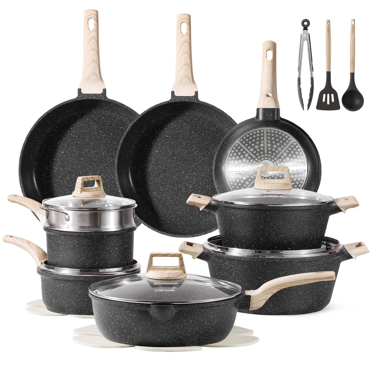 Carote Nonstick Pots and Pans Set, 24 Pcs Non Stick Induction Kitchen Cookware Sets (Black Granite)
