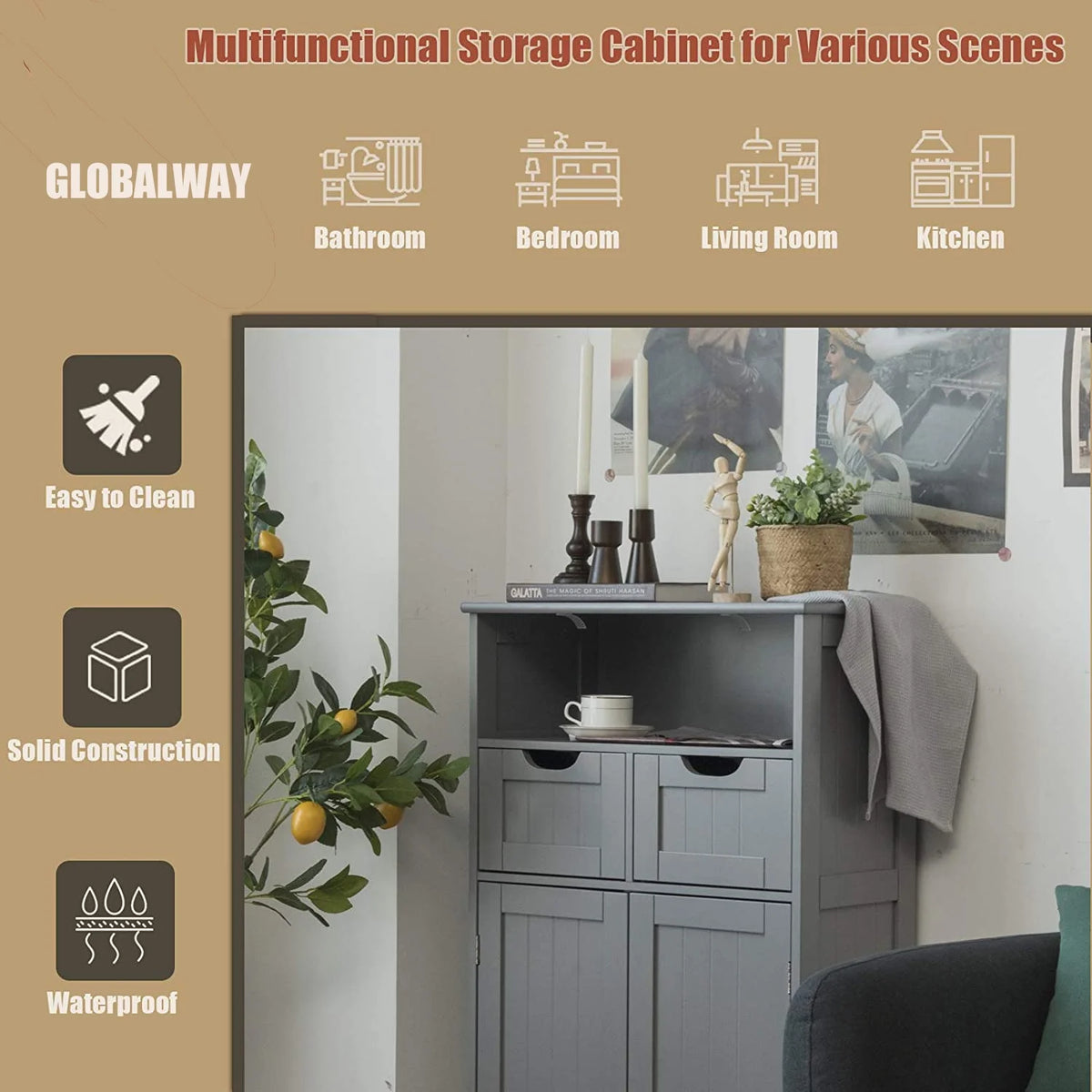 Giantex Multifunctional Floor Cabinet, Freestanding Bathroom Cabinet with Removable Drawers and Adjustable Shelf for Bathroom, Living Room, Bedroom or Entryway, 24 x 12 x 43 inches (Black)