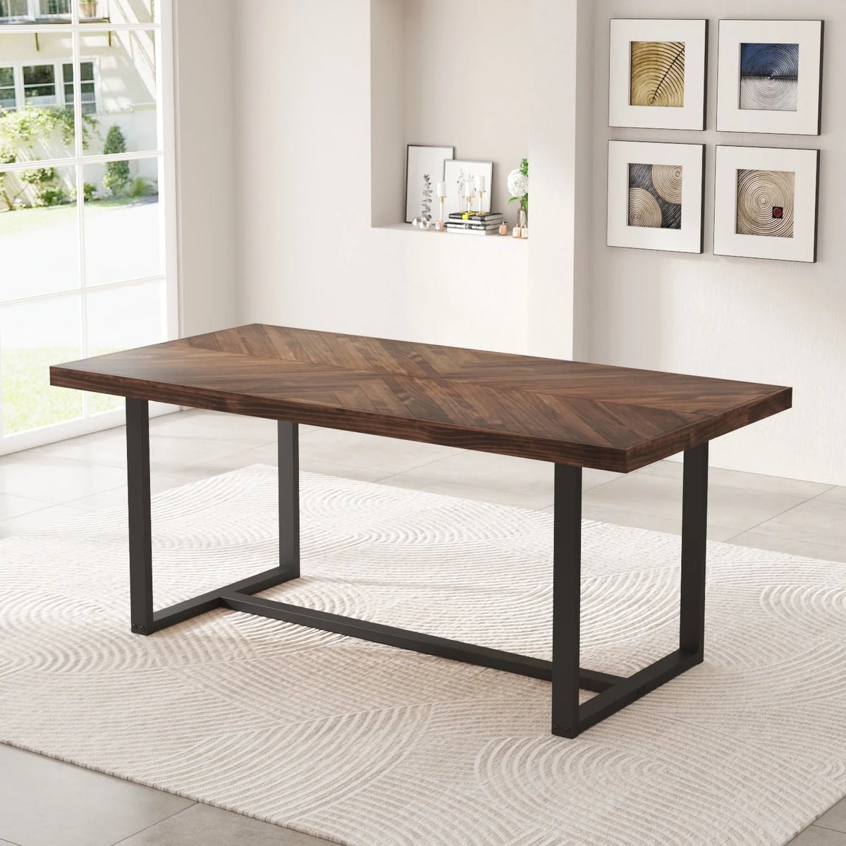 ChVans 72 inch Modern Farmhouse Solid Wood Dining Table for 6 to 8, Rectangular Kitchen and Dining Table with Metal Frame, Rustic Breakfast Table for Living, Dining Room(Brown+Pattern-72 in Dining Table)