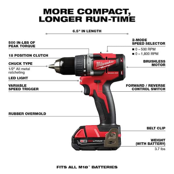 M18 18V Lithium-Ion Brushless Cordless Compact Drill/Impact Combo Kit (2-Tool) W/ (2) 2.0Ah Batteries, Charger & Bag