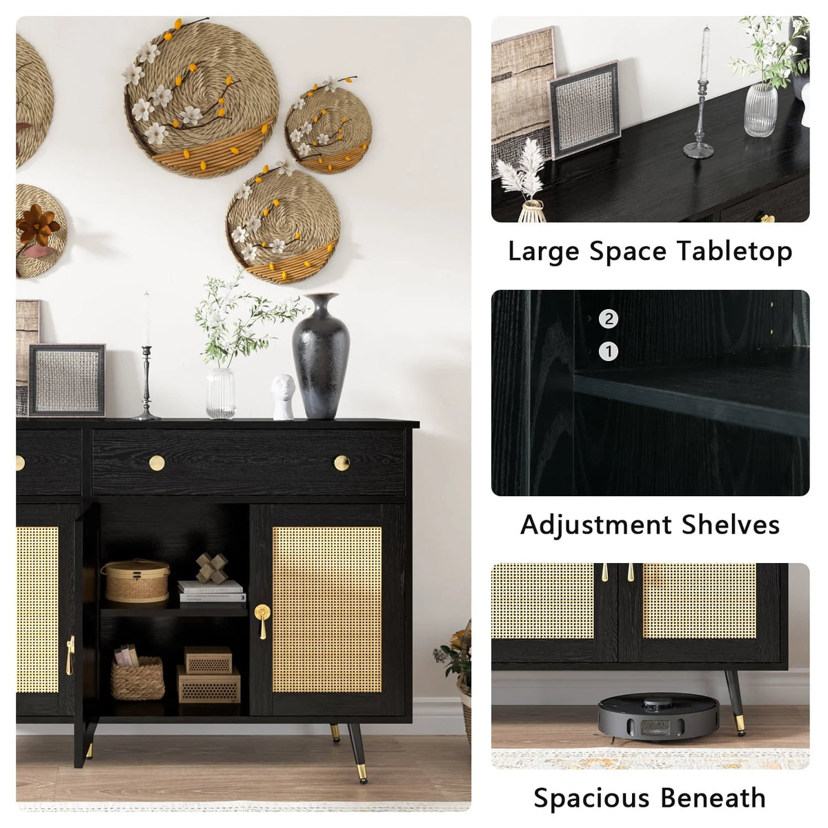 Catrimown Sideboard Buffet Cabinet, 2 Drawer and 4 Rattan Door Sideboard Storage Cabinet, Black