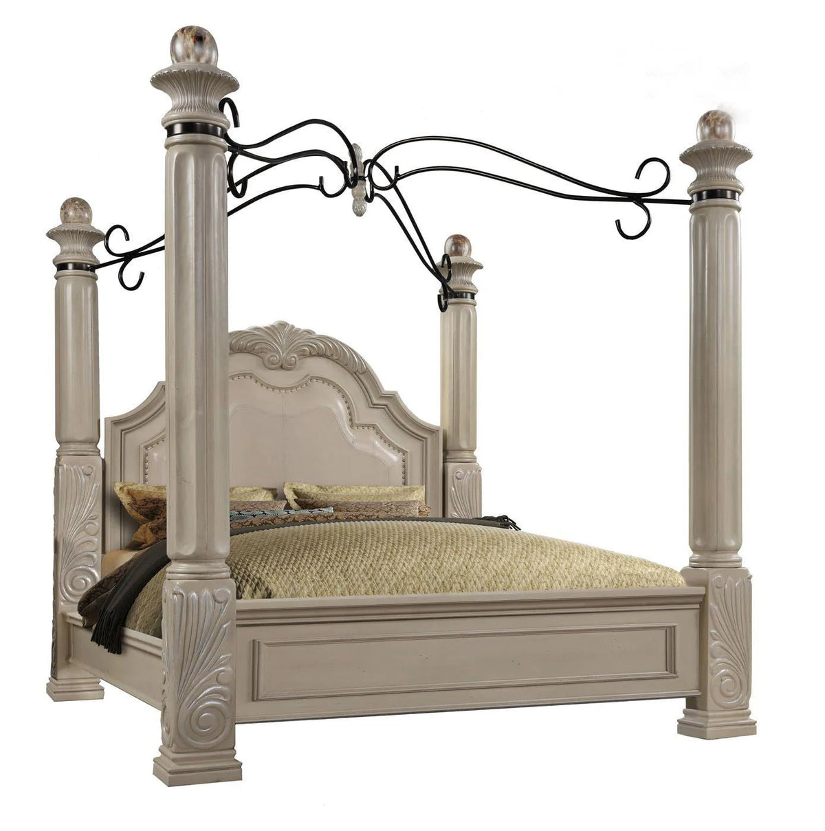 Antique White Solid Hardwood King Canopy Bed McFerran B6006 Classic Traditional