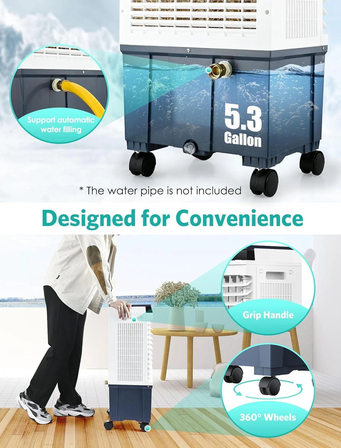Air Choice Evaporative Air Cooler, 1800CFM Swamp Cooler with 12H Timer, Remote Control, 110�� Oscillation & 5.3 Gal Water Tank, 4 Ice Packs, 3 Speeds, 3-in-1 Evaporative Cooler for Outdoor Indoor Use