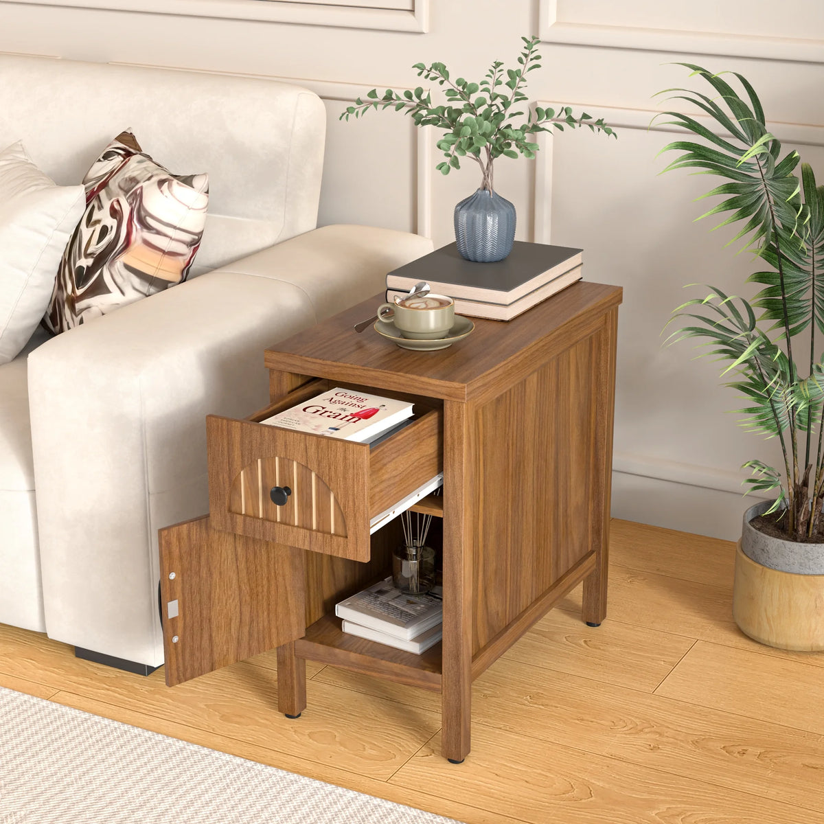 Narrow Nightstand with Drawers, Wood End Table, Narrow Side Table, Modern Sofa Side Table