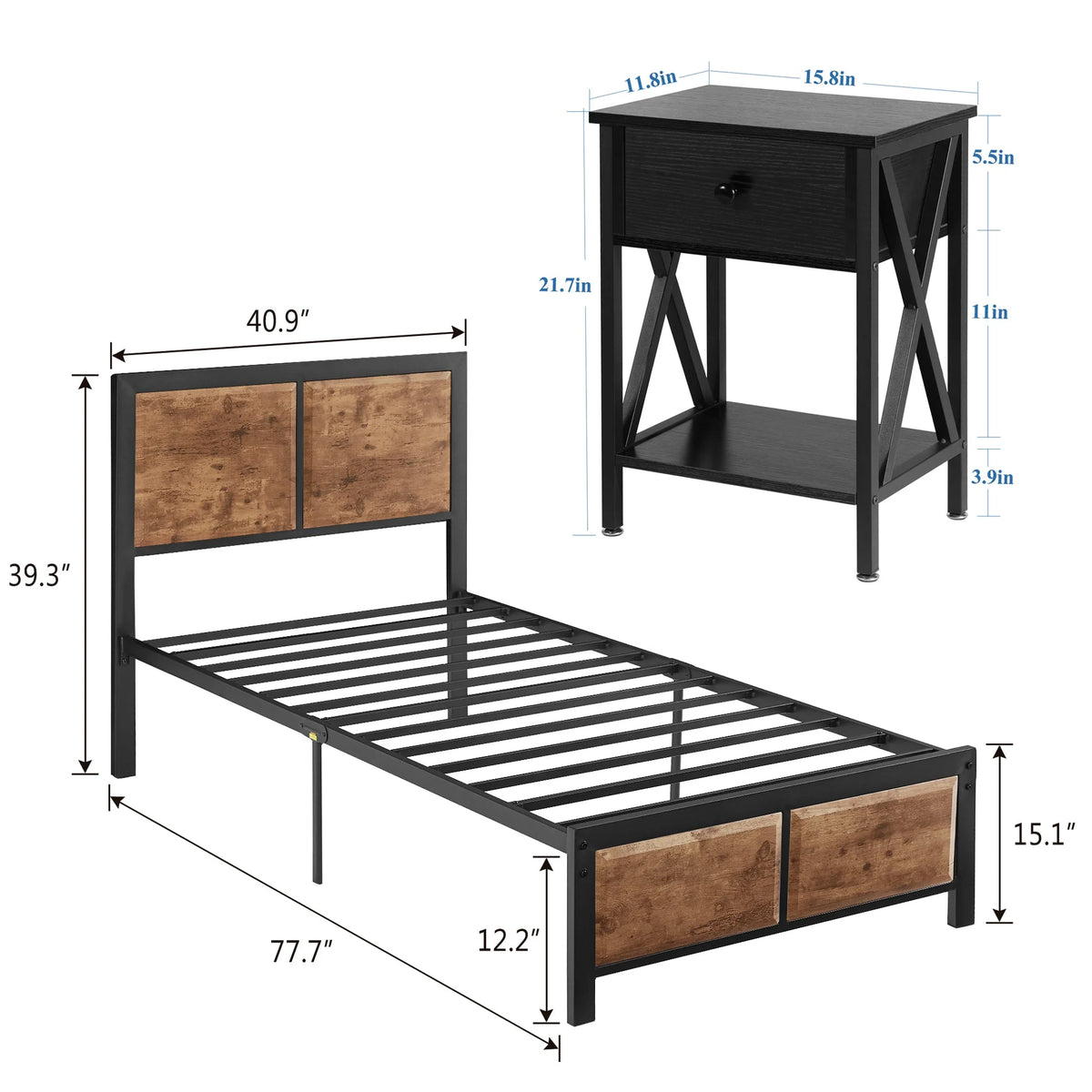 VECELO 3-Piece Bedroom Set with Twin Size Bed Frame and 1-Drawer Black Nightstands