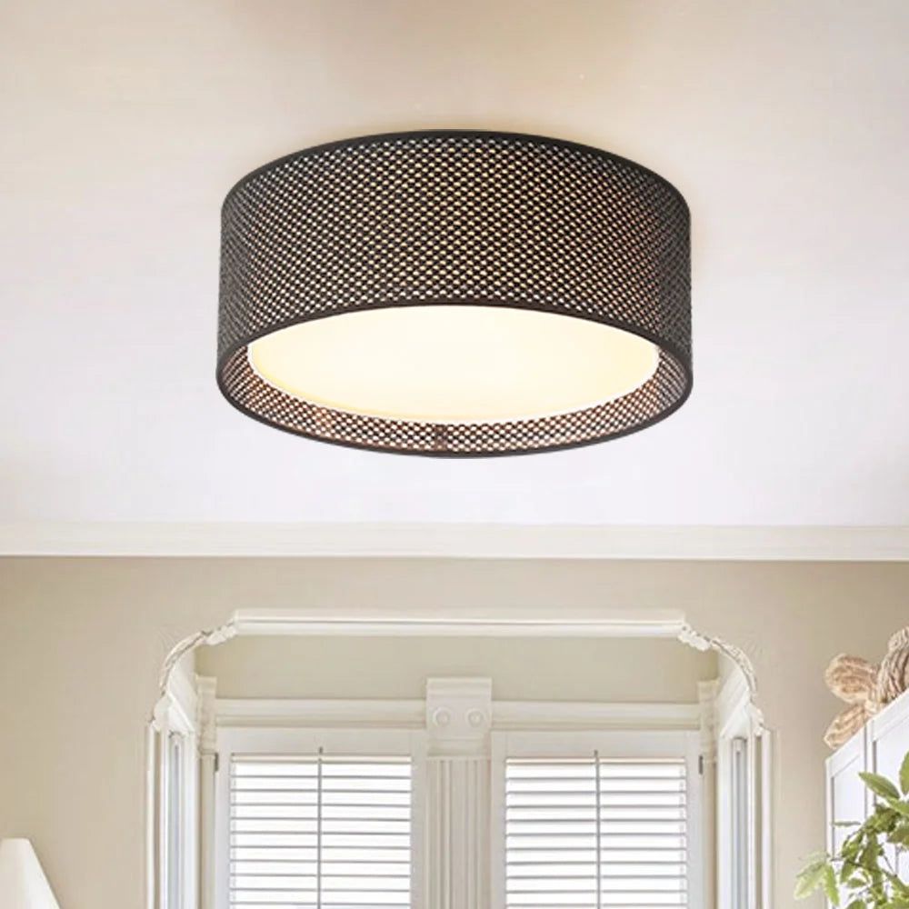 LEDET 15.7 in. Yellow Flush Mount Ceiling Light Rattan Weaving Shade Home Decor Pendant Lighting