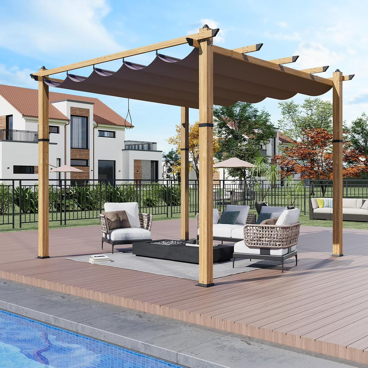 Outdoor Aluminum Pergola with Retractable Canopy, Reinforced 4-Sided Base, Waterproof & UV-Resistant Adjustable Roof, Modern Design for Patio, Deck, Backyard, and Garden