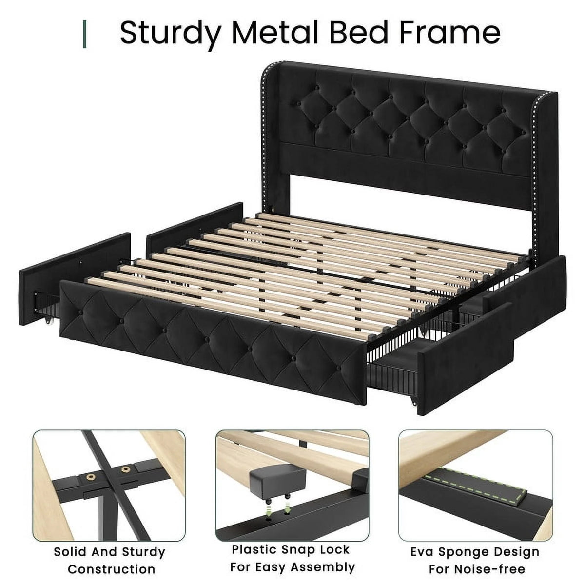 LARMACE Queen Size Platform Bed Frame with 4 Storage Drawers and Tufted Headboard Linen Upholstered Bed Wingback Bed Frame with Wooden Slats Support, Easy Assembly, Light Grey