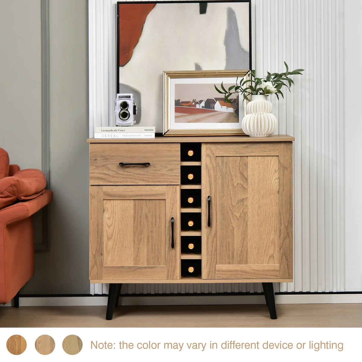 Costway 2-Door Wine Bar Cabinet Kitchen Sideboard Buffet with Drawer & Adjustable Shelves Natural