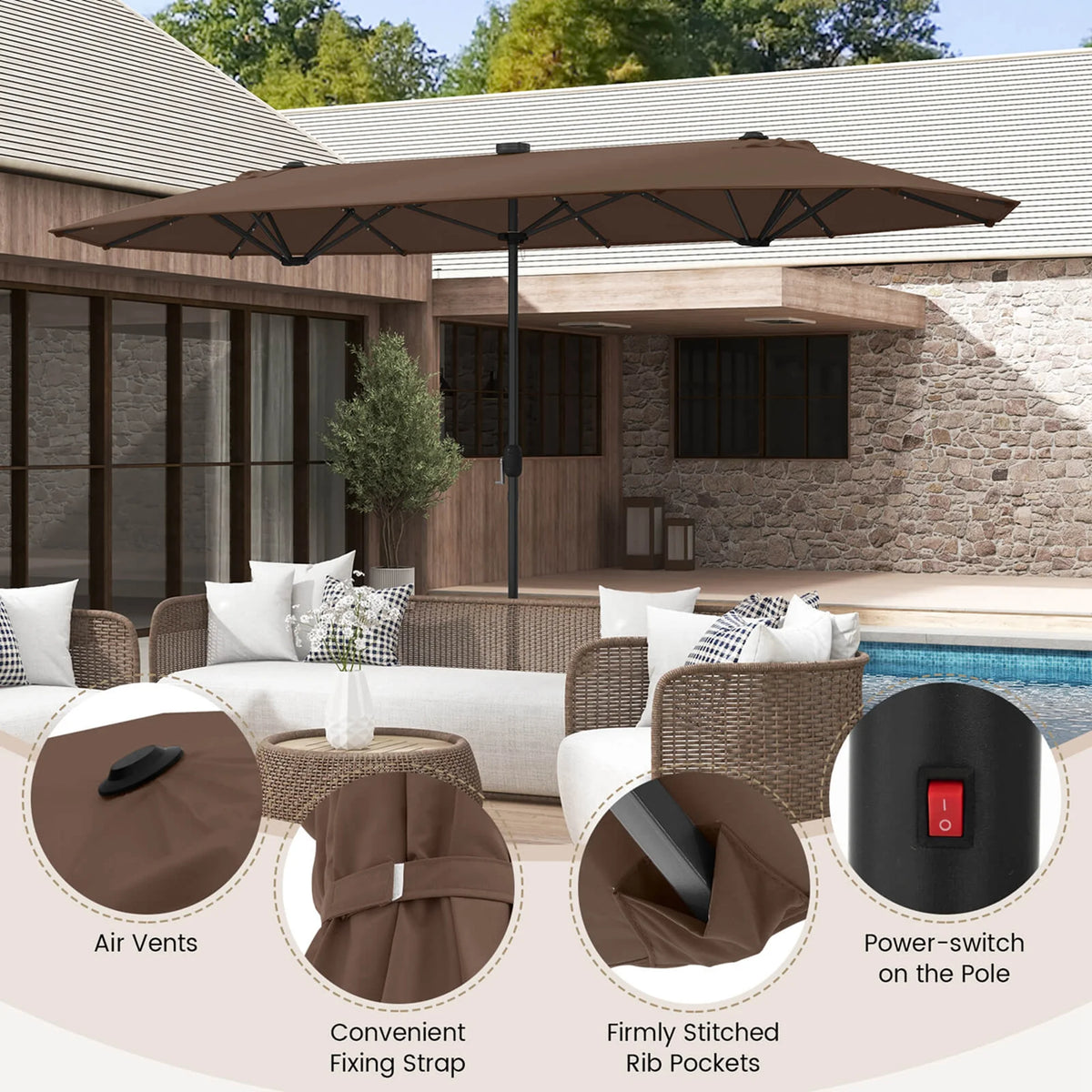 Costway 13ft Beige Rectangle Double-sided Patio Umbrella, Crank Lift