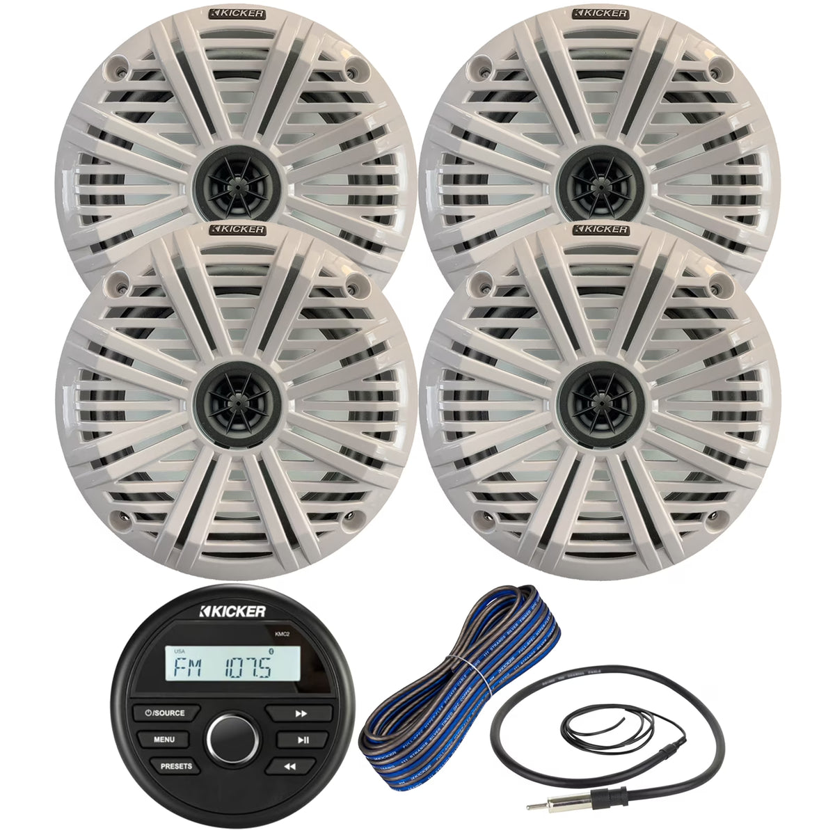 Kicker 46KMC2 Receiver + 2 Pairs 6.5" 2Way 195W Speakers w/ White Grilles, 50-ft Wire, 22" Antenna