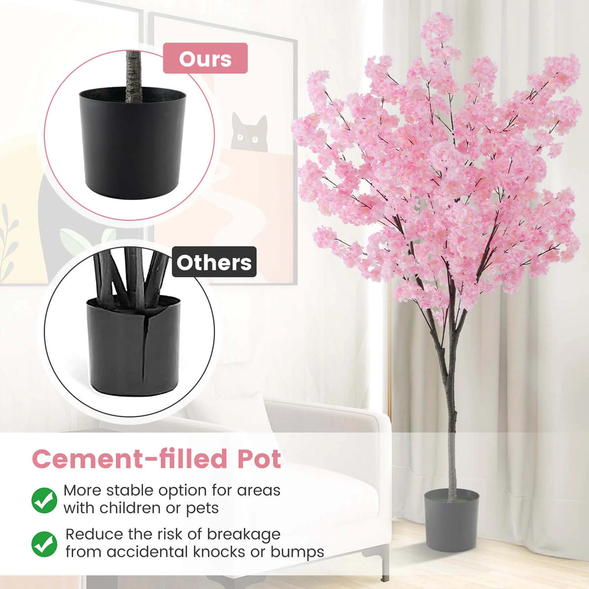 Costway 6.5 FT 2 PCS Tall Artificial Cherry Blossom Tree with 900 Pink Flowers Cement-filled
