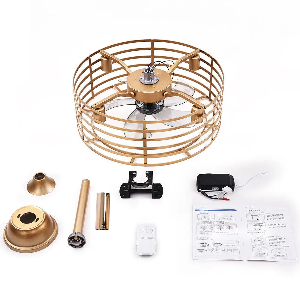20in Retro Golden Caged Bladeless Ceiling Fan Light with Remote Control 40W
