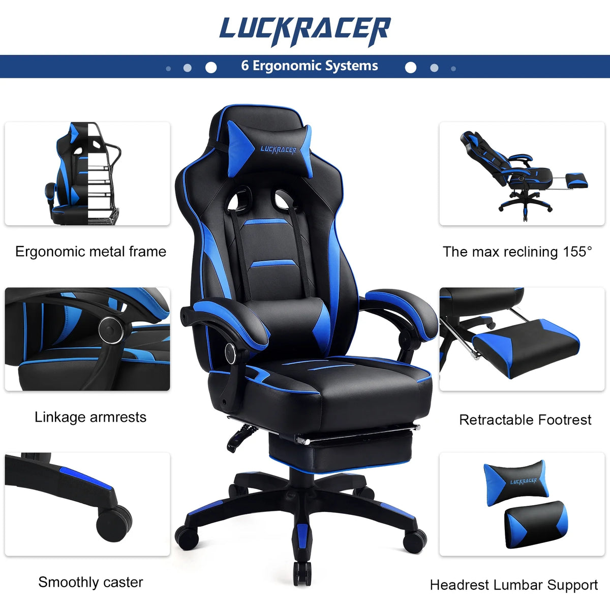 GTPLAYER Gaming Chair with Footrest, Big and Tall Game Chair 350lb Racing Style Computer Chair, Ergonomic Executive Office Chair High Back with Lumbar Support and Recliner, Black