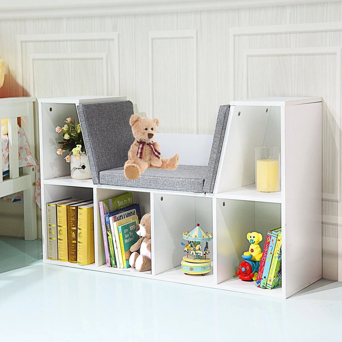 Costway 6 Cubby Kid Storage Cabinet Bookcase Multi-Purpose Shelf Cushioned Reading Nook