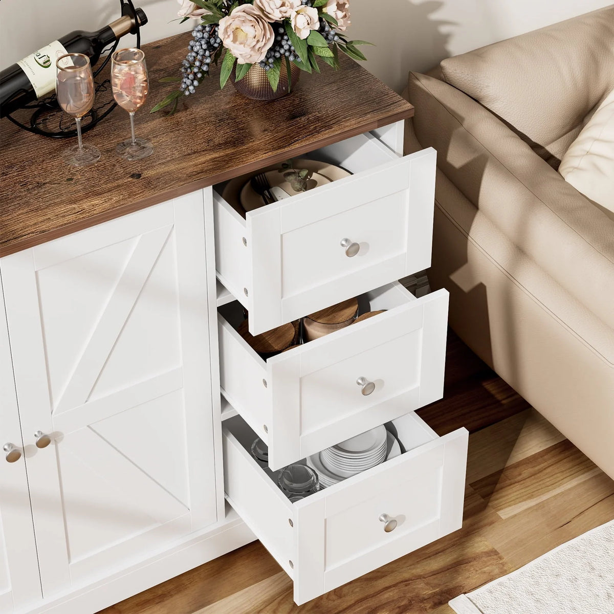 Homfa Farmhouse Buffet Sideboard with 3 Drawers, 2 Door White Wood Credenza Accent Cabinet for Dining Room Living Room