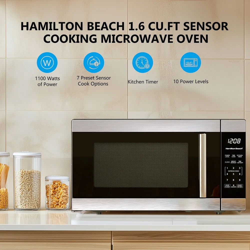 Hamilton Beach 1.6 Cu ft Sensor Cook Countertop Microwave Oven in Stainless Steel, New
