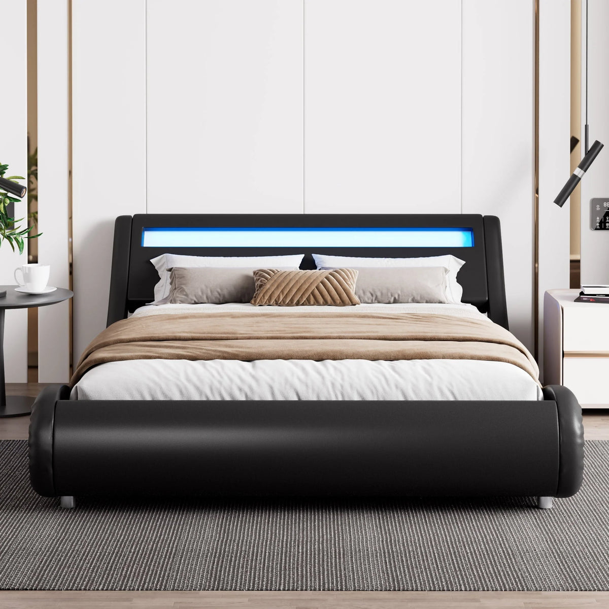 Amolife Queen Size Wave-Like Curve Deluxe Upholstered Modern Bed Frame with LED Headboard,Black