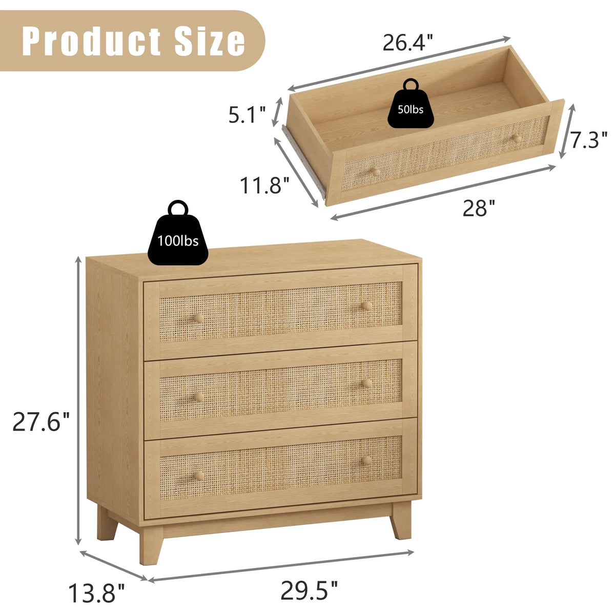 FANRAL 3 Drawer Dresser for Bedroom,Boho Small Natural Rattan Closet Dressers Chest of Drawers,Modern Wood Clothes Storage Organizer with Wooden Feet and Handles for Hallway,Living Room,Entryway