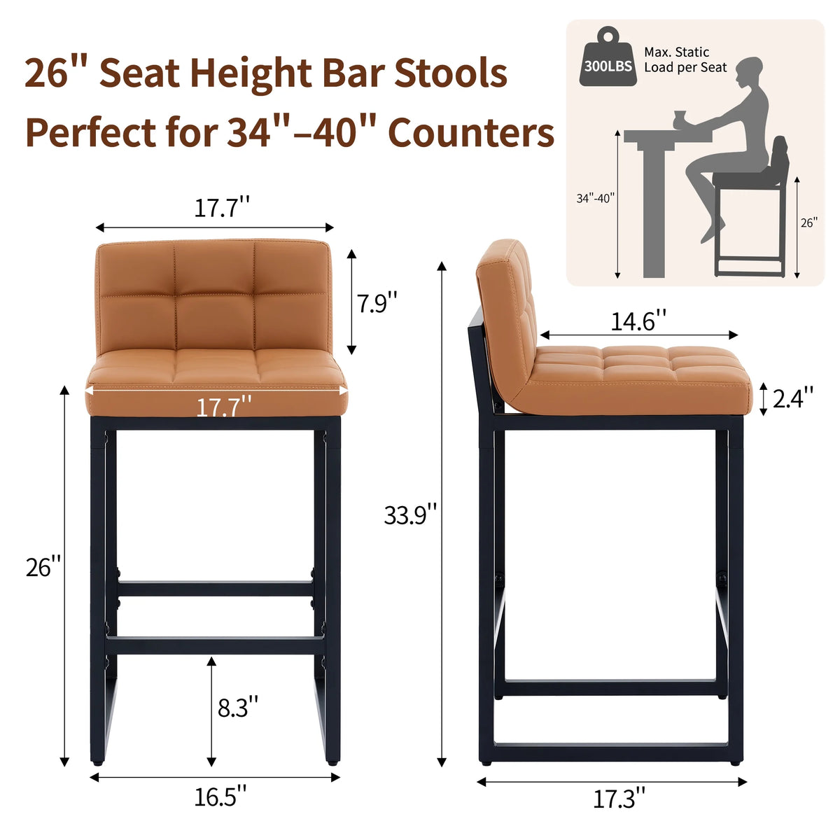 FIRAVOE Bar Stools Set of 3, Counter Height Bar Stools (Low Back)(Thickened Frame) 26" PU Leather Barstools Bar Chairs for Kitchen Island, Black