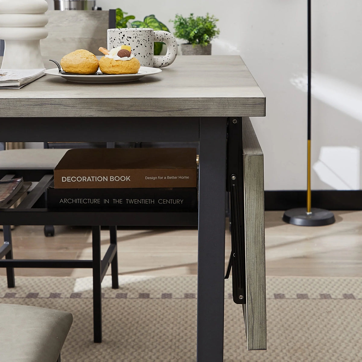 Drop Leaf Kitchen Table for 2-6 People, Small Folding Dining Table with Storage Rack and 1.2 Inches Thick Table Top, Extendable Dining Table for Apartment, Small Spaces, Grey