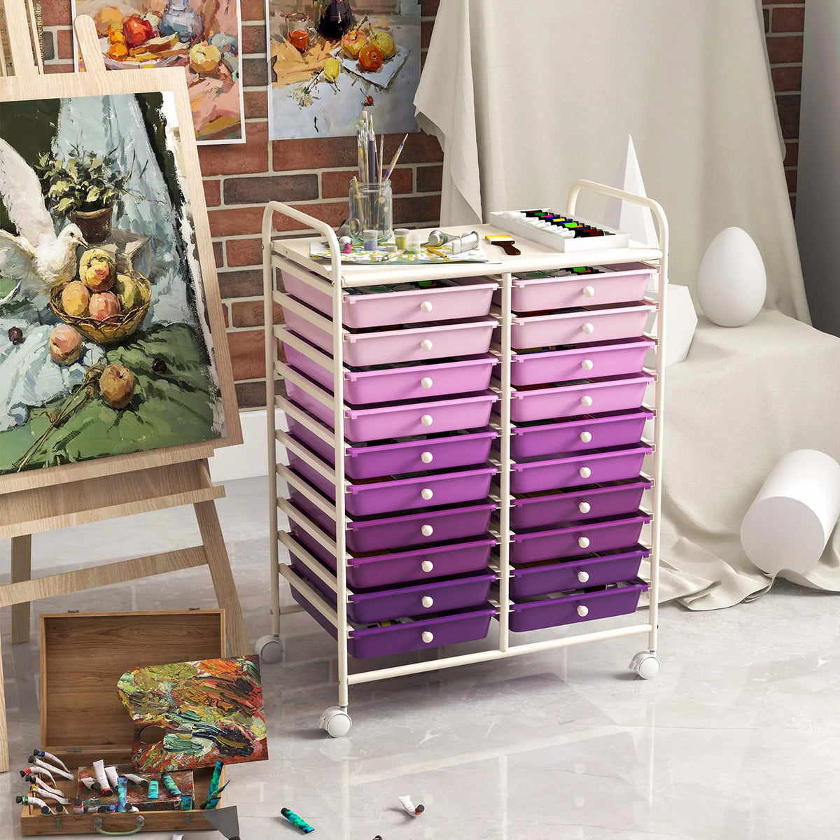 Costway 20 Drawer Rolling Storage Cart Tools Scrapbook Paper Office School Organizer Yellow