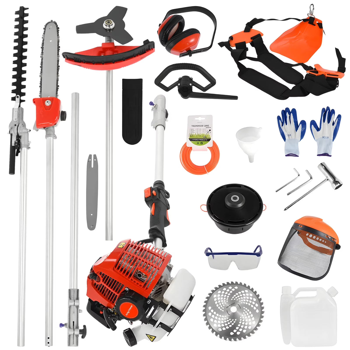 WETS 5 in 1 Garden Hedge Trimmer Combo,  52cc 2-Stroke Gas Powered Long Reach Pole Saw Grass String Trimmer Brush Tree Cutter Pruner Weed Eater Multi Functional Garden Trimming Tools