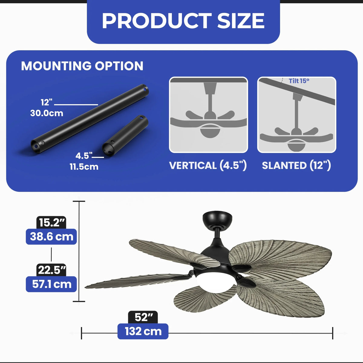 ModFusion 52" Gray Black Coastal Ceiling Fan with Palm Leaf Blades, LED Light & Remote �C Quiet Reversible DC Motor Indoor/Outdoor