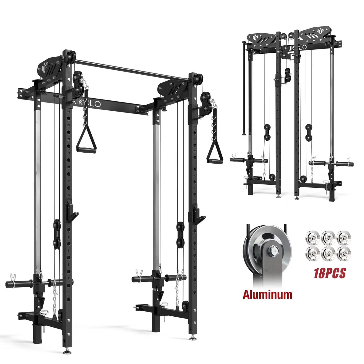 Mikolo Foldable Power Rack Cage,1000lbs Capacity Wall Mounted Squat Rack with independent pulley system, Space Saving Home Gym Equipment with 5 Adjustable Angle
