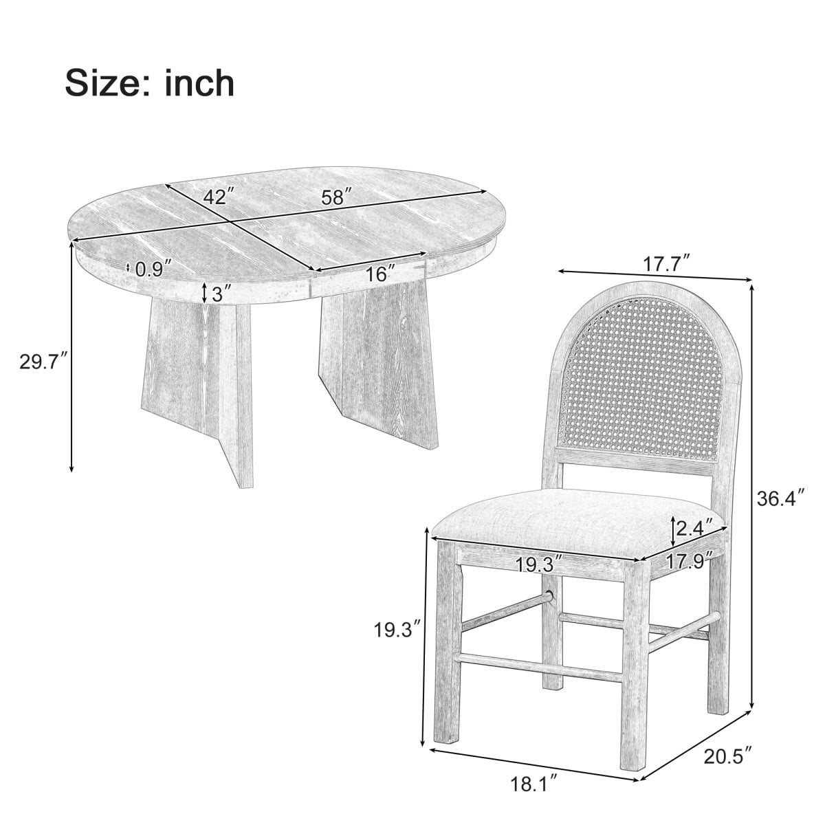 5-Piece Extendable Dining Table Set for 4 People, Solid Wood Kitchen Table Set with 4 Upholstered Chairs and Rattan Backrests for Dining Room and Kitchen, Natural
