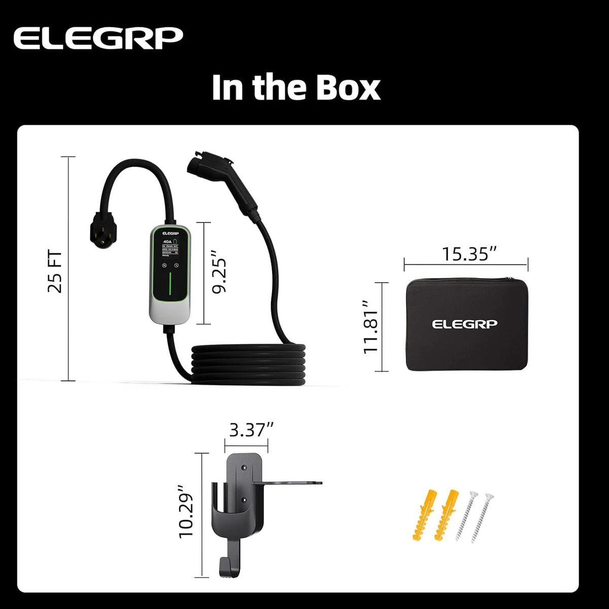 ELEGRP Portable Electric Vehicle Charger Level 2, EV Charger 240V 40A for BEVs/PHEVs，PBE & LCD TH, 25ft Cable W/NEMA 14-50 Plug, 1PC