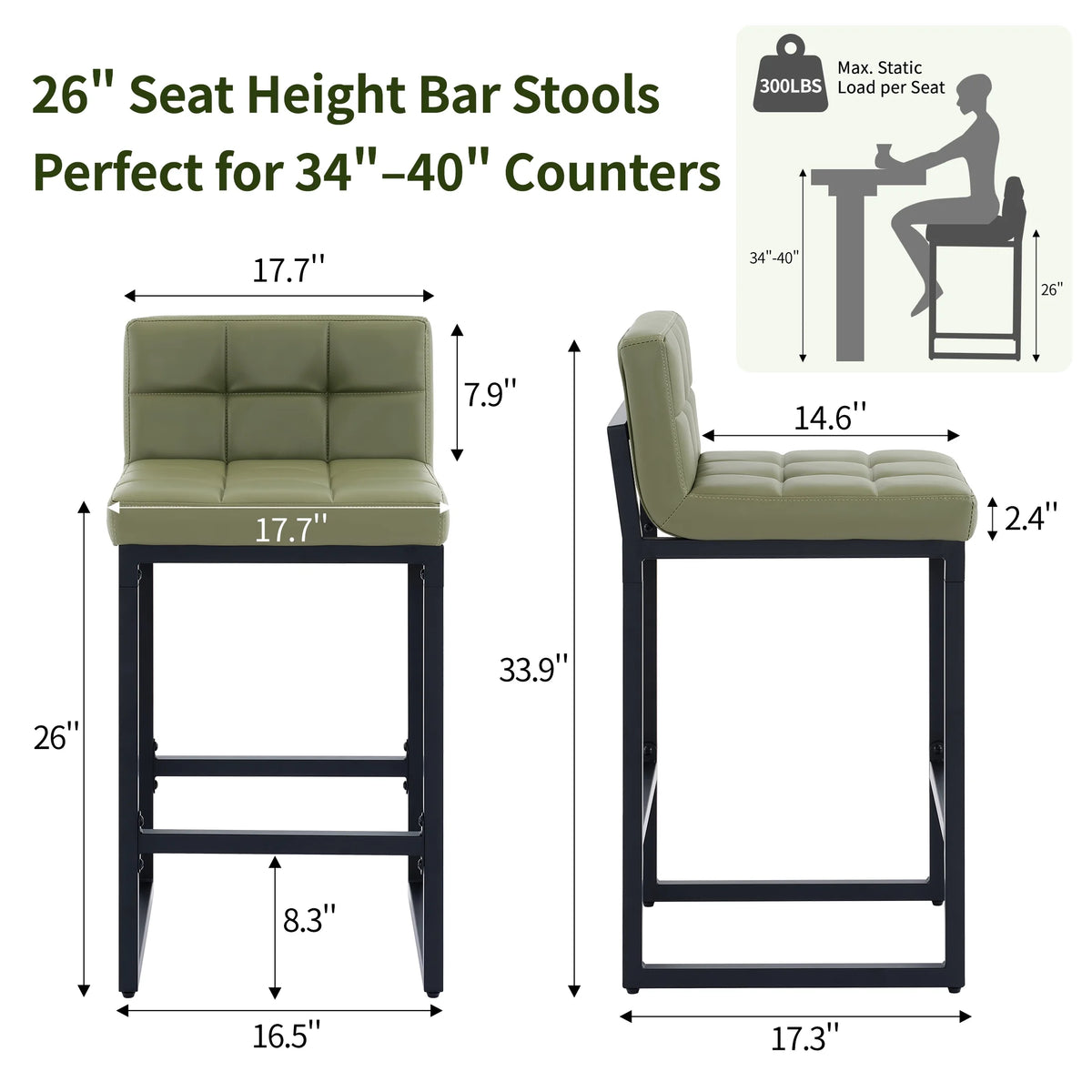 FIRAVOE Bar Stools Set of 3, Counter Height Bar Stools (Low Back)(Thickened Frame) 26" PU Leather Barstools Bar Chairs for Kitchen Island, Black