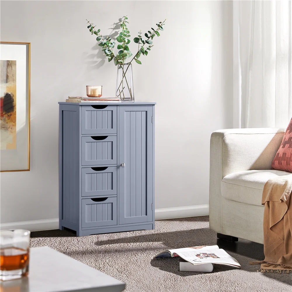 Yaheetech Wooden Cabinet Storage Unit with 4 Drawers & Cupboard for Bathroom, White