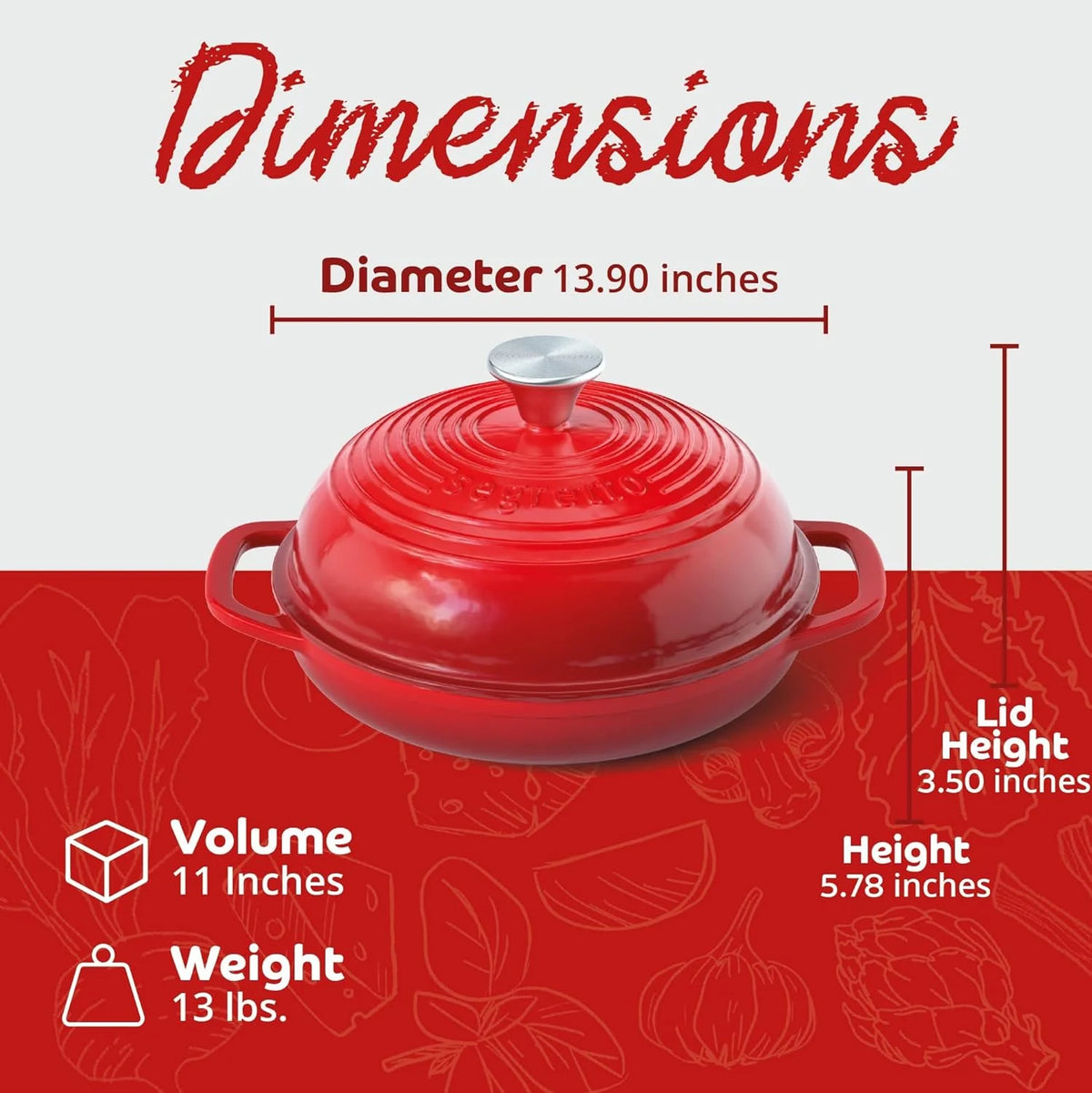 Segretto Cookware 11" Enameled Cast Iron Dutch Oven for Bread, Bread Maker Pan with Lid, Red