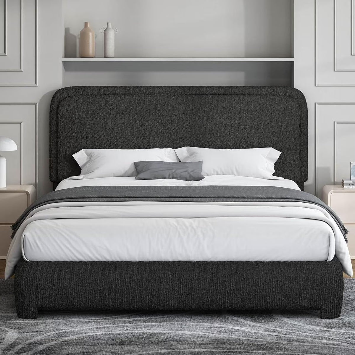 4 EVER WINNER Twin Size Bed Frame, Modern Bed Frame with Headboard, Boucle Fabric Upholstered Bed Frame, Soft Curved Headboard, Cream