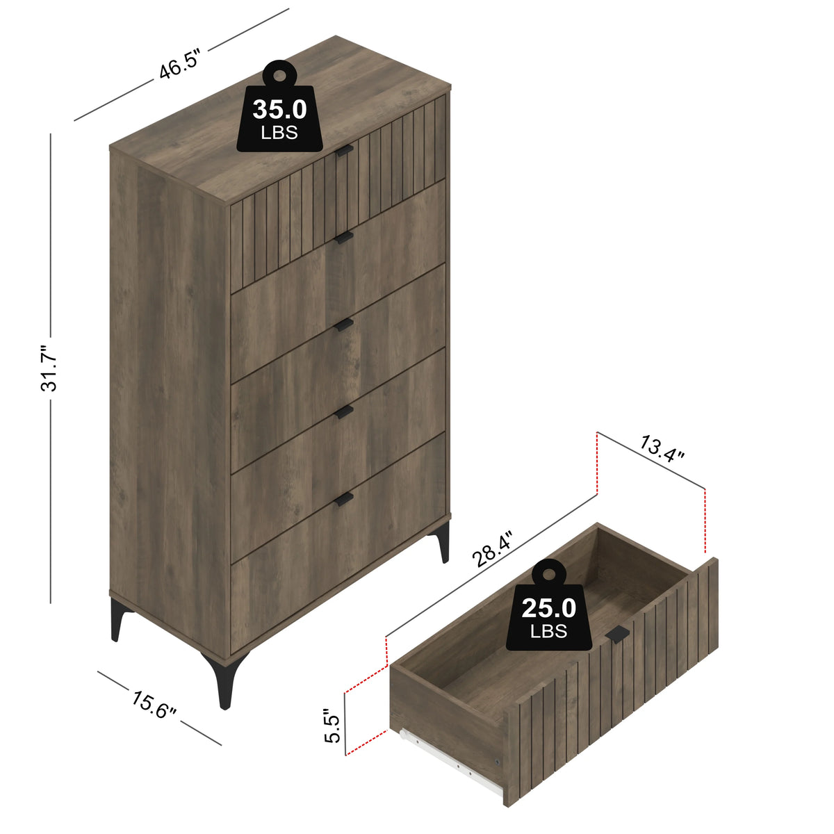 Galano Zaffy 5 Drawer Dressers for bedroom , Dusty Grey Oak