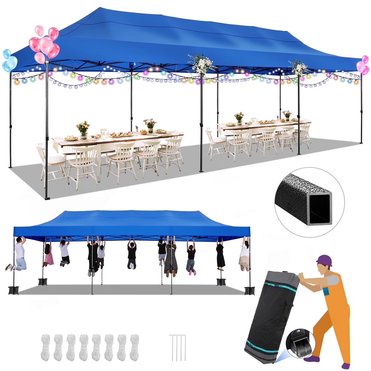 COBIZI 10x10 Heavy Duty Pop-up Canopy Tent for Outside, UPF 50+ Waterproof and Instant Outdoor Shelter, Outdoor Canopy for Beach,Party,Camping with Rope,Stake and Carrying Bag,White(Frame Thickened)