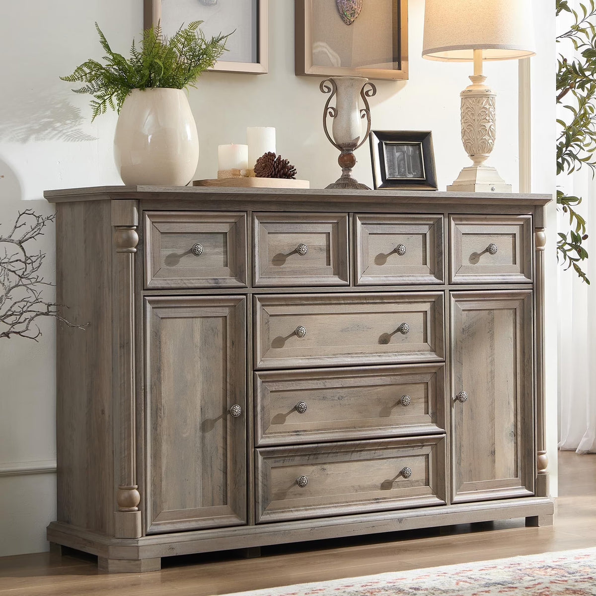 Brafabhome Rattan 6 Drawers Dresser for Bedroom, Vintage Boho Double Dresser Wicker Chest with Wooden Legs for Living Room Hallway| Mint