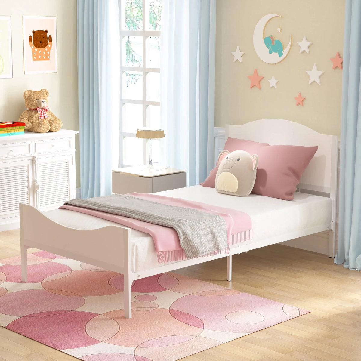 Yoneston Twin Size Kids Metal Platform Bed Frame with Wood Headboard, Modern Single Bed Frames for Children, Teens & Adults, No Box Spring Needed, White