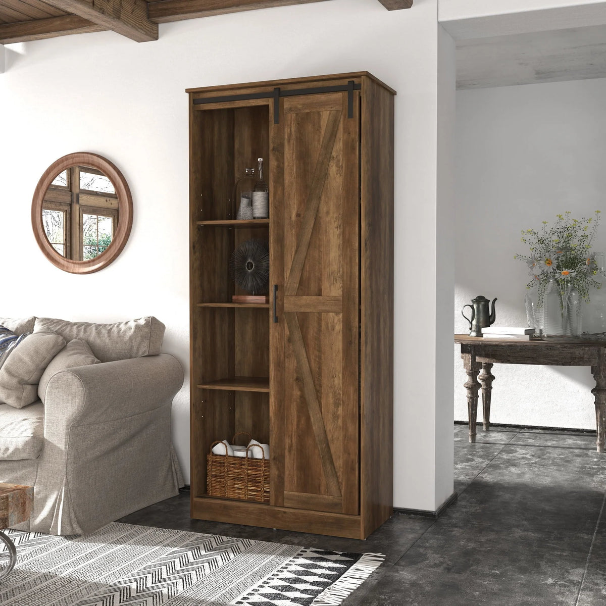 Woven Paths Shelton Wood Kitchen Pantry with 1 Sliding Barn Door, Knotty Oak