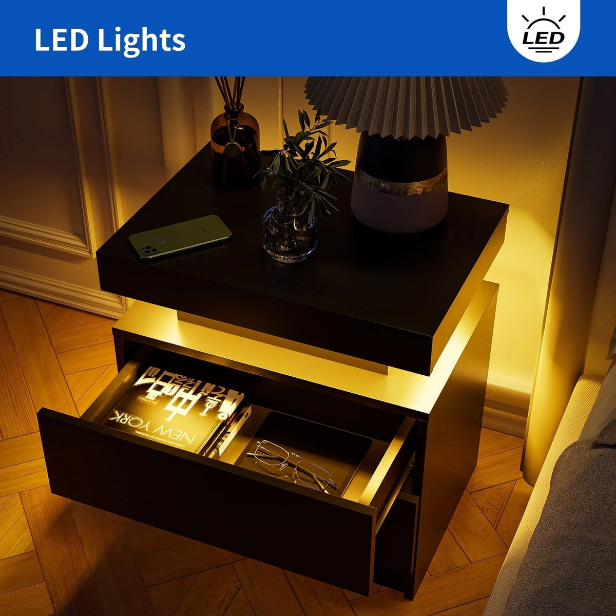 LED Nightstand Set of 2, Modern Bedside Table with 2 Drawers Storage Space, Adjustable Colors LED Light, Black