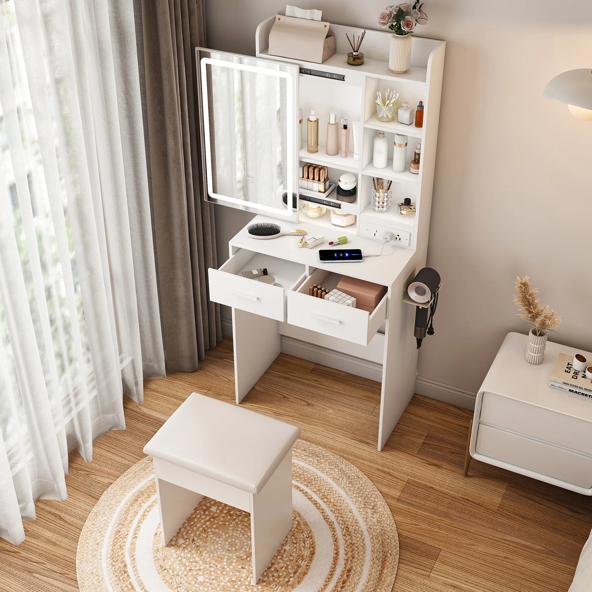 Aukfa Makeup Vanity Set with Power Outlet, Mirror & Adjustable LED Lights for Small Bedroom,White