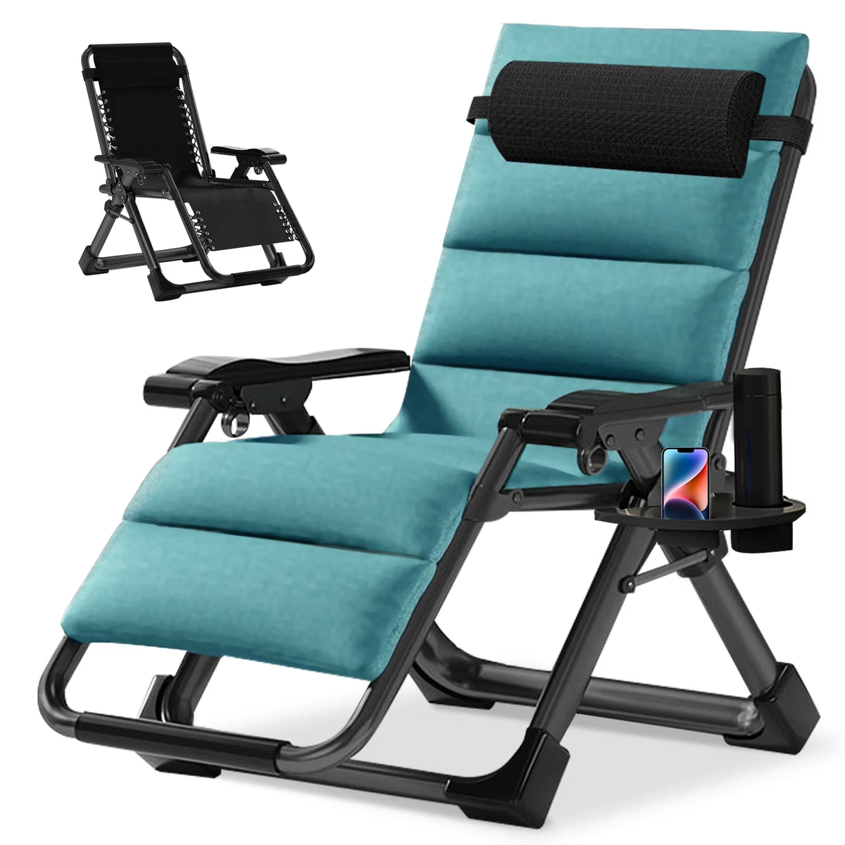 NAIZEA Outdoor Zero Gravity Chair Camping Recliner Lawn Recliner, Reclining Patio Lounger Chair, Folding Portable Chaise with Detachable Soft Cushion, Cup Holder, Headrest