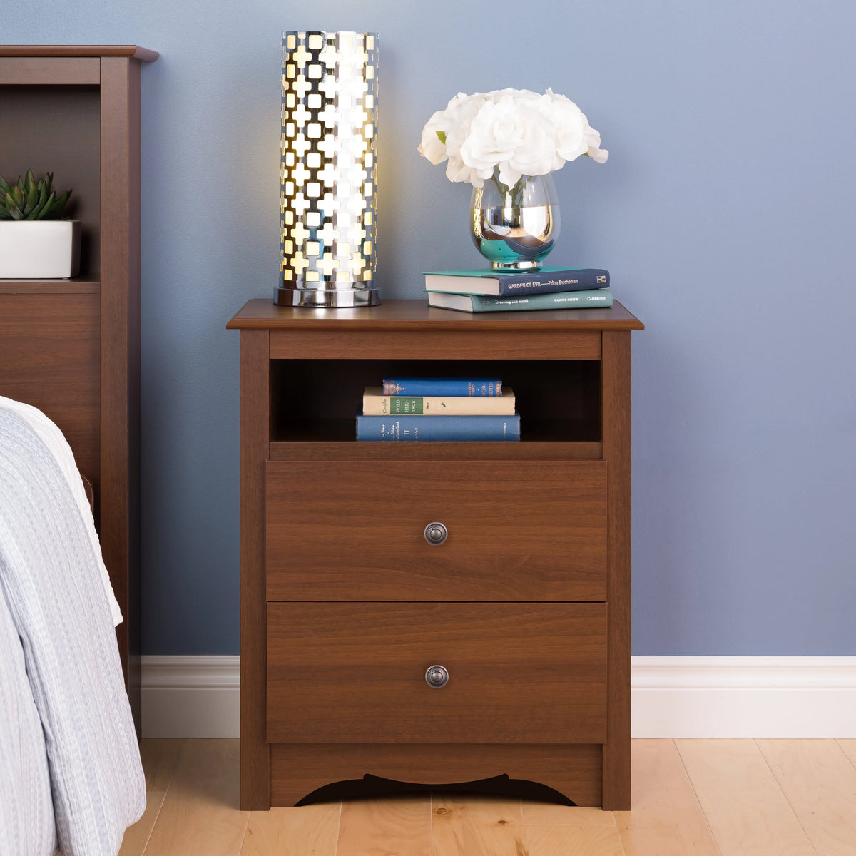 Prepac Sonoma 2 Drawer Tall Bedroom Nightstand With Open Shelf, Cherry