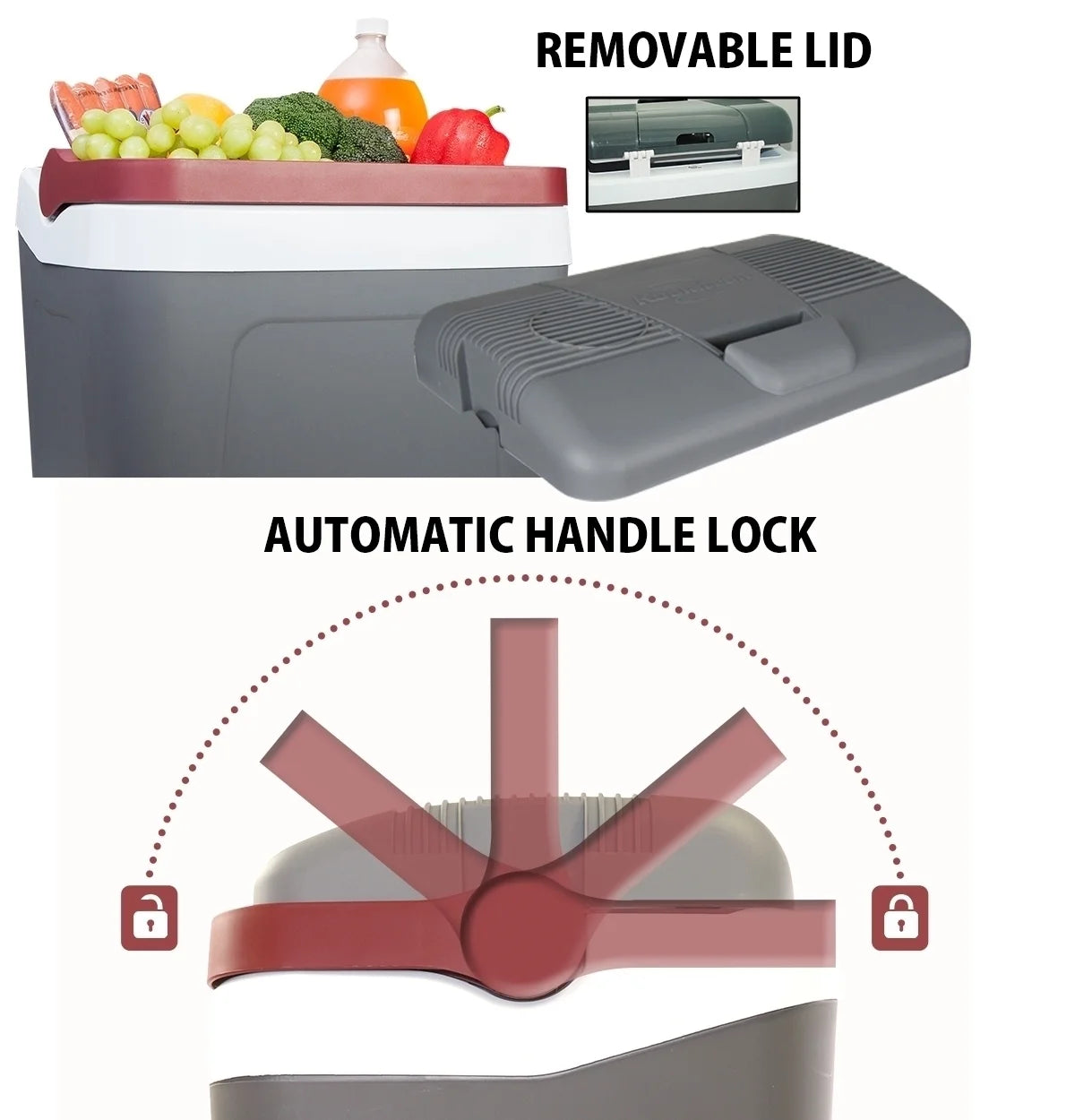 Koolatron 12V Electric Cooler 24L (26 qt), With Self-Locking Handle, Gray/Red