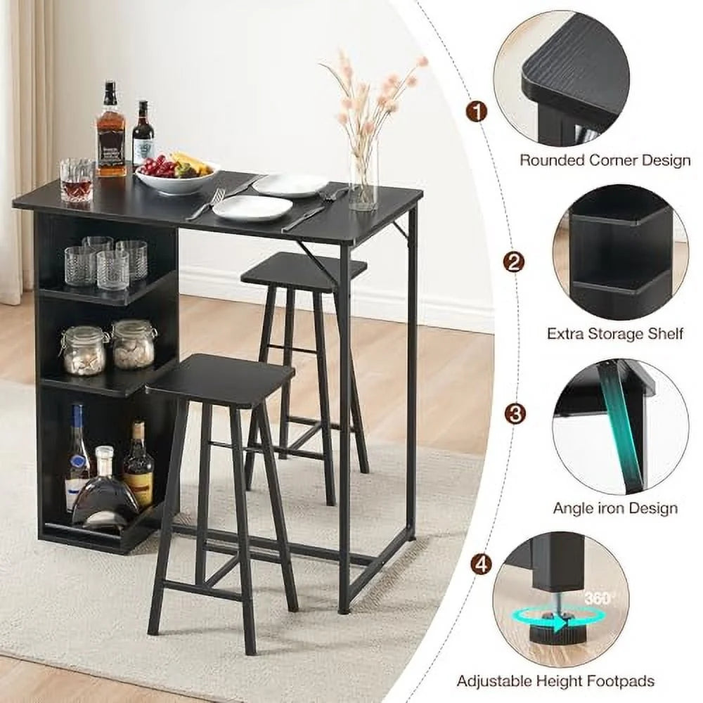 Dining Table Set, Bar Table and Chairs Set, 3-Piece Bar Table Set with Storage Drawer & Shelf, Steel Frame, Industrial, Rustic Brown, Space Saving Table for Small Apartment