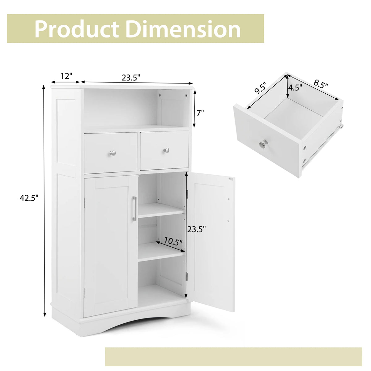 Costway Bathroom Floor Cabinet Freestanding Storage Cabinet with 2 Doors White