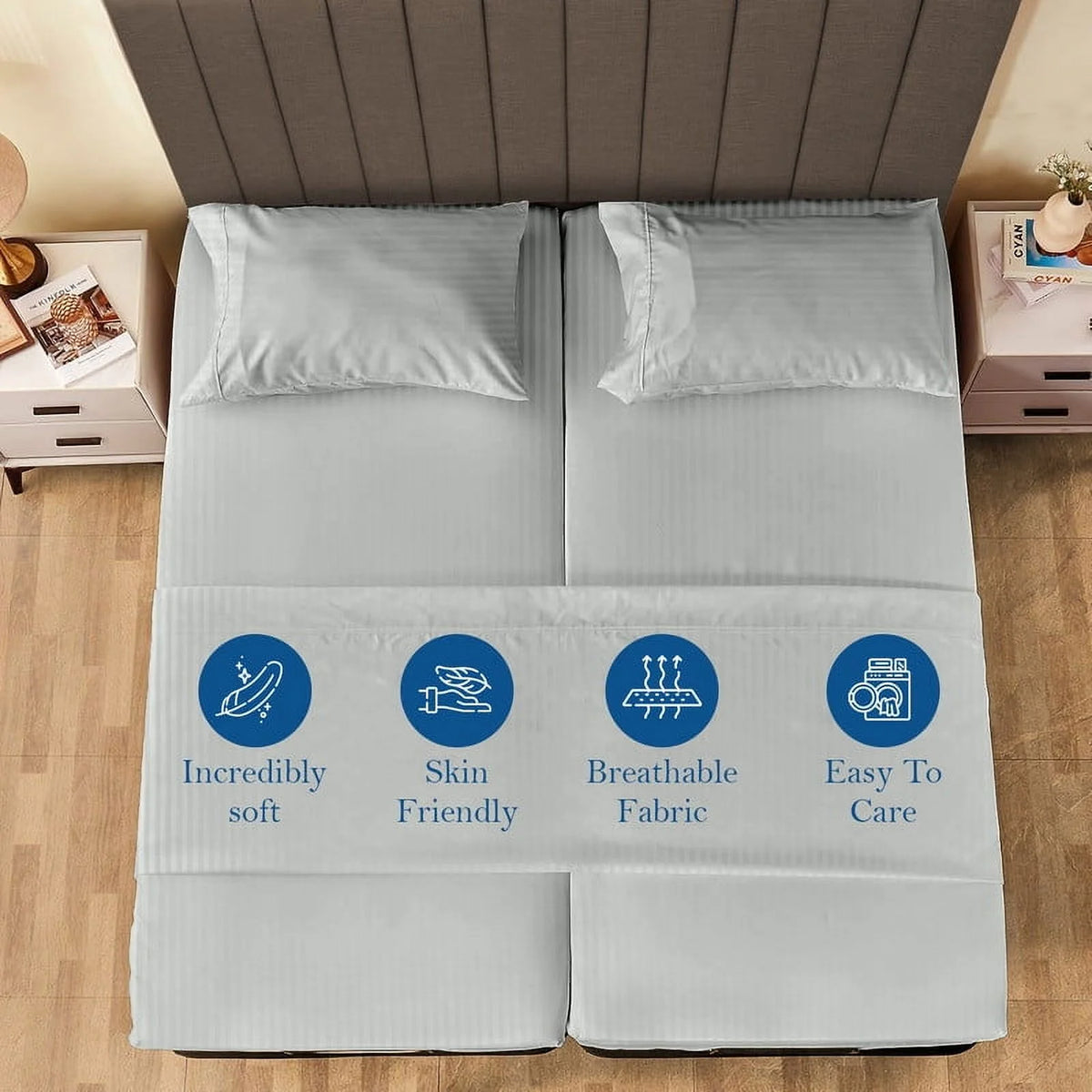 5-Piece Split Queen Sheet Set, 800 Thread Count, 100% Egyptian Cotton, Color Aqua Blue Stripe Pattern, Fits 16-Inch Deep Mattresses