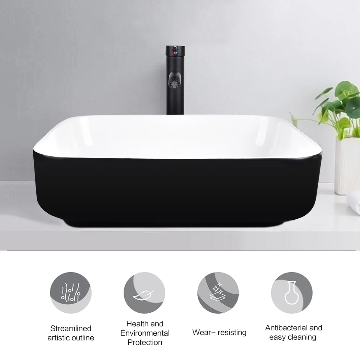 FULLWATT Bathroom Ceramic Sink Vanity Vessel Basin Porcelain Faucet Drain Combo Rectangle,White