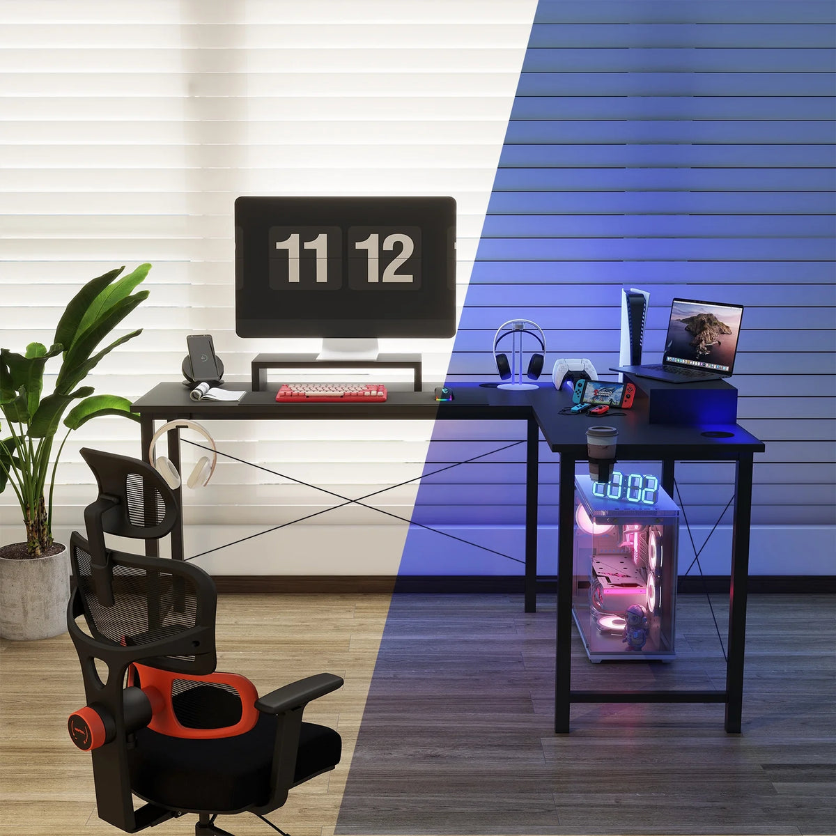 GTRACING L-Shaped Gaming Desk with RGB Light and Removable Storage Stands, Black
